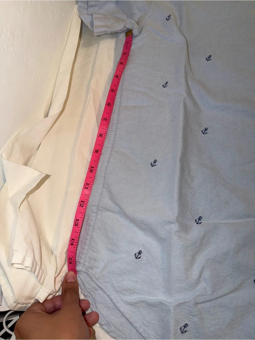 J. Crew Light Blue Short-Sleeve Button-Down with Navy Anchor Embroidery